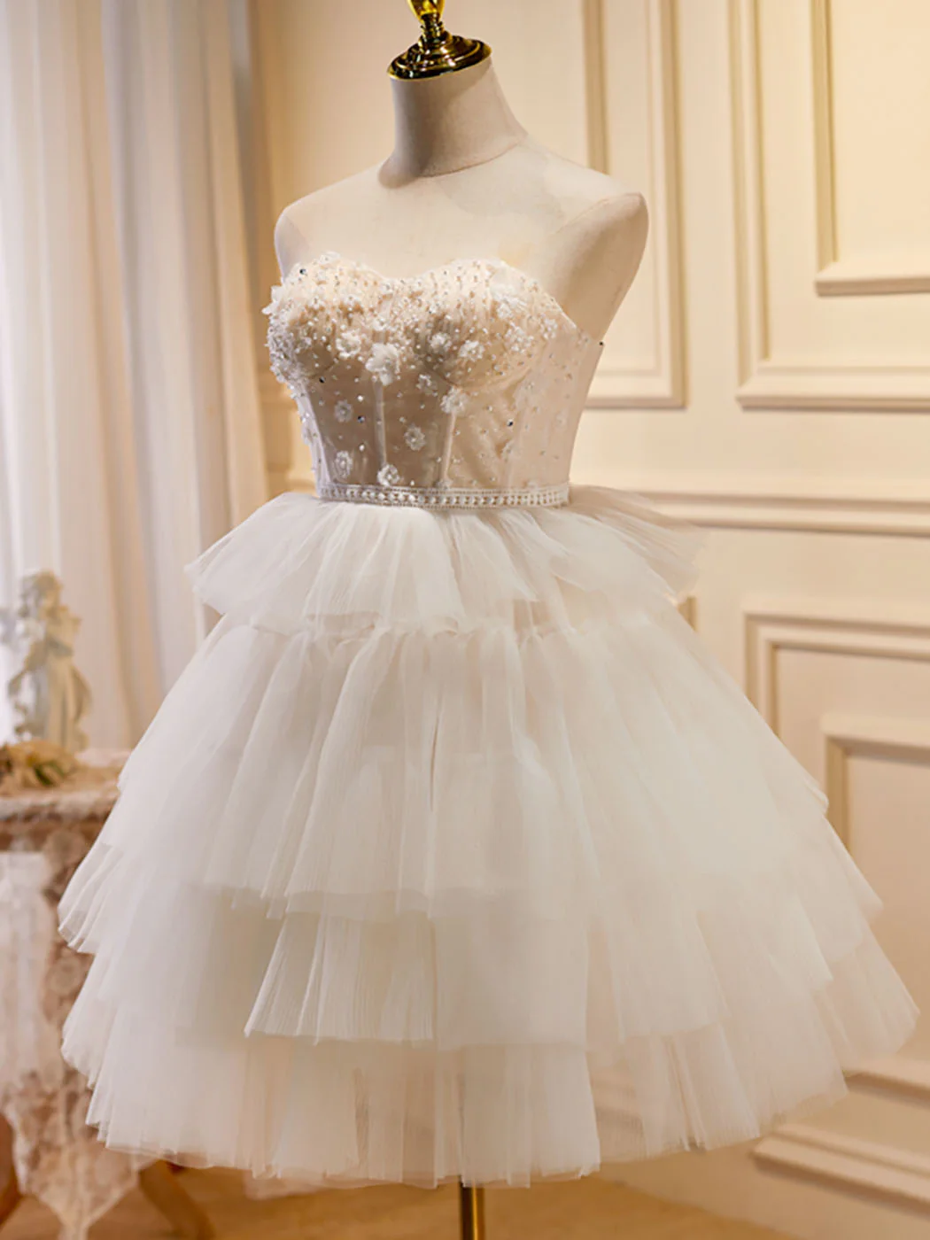 Beige Sweetheart Neck Tulle Puffy Short Prom Dress, Beige Homecoming Dress - Deanwangkt