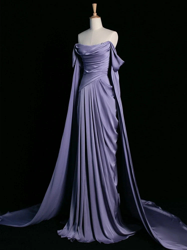 A-Line Off Shoulder Satin Purple Long Prom Dress, Purple Long Formal Dress - Deanwangkt