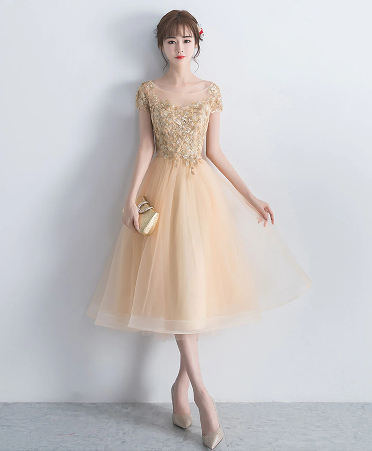 Champagne Lace Short Prom Dress, Champagne Cute Homecoming Dress - Deanwangkt