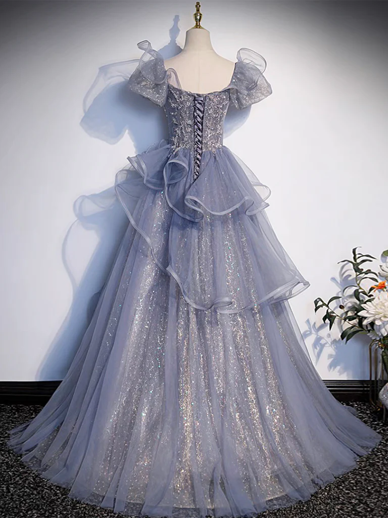 A-Line Sweetheart Neck Tulle Sequin Gray Blue Long Prom Dress, Gray Blue Long Formal Dress - Deanwangkt