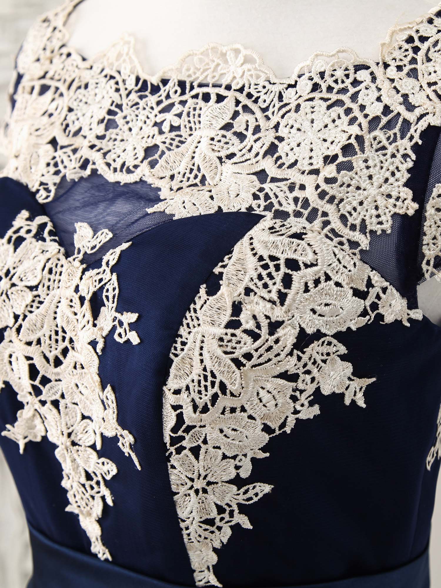 Dark Blue Tulle Lace Applique High Low Prom Dresses - Deanwangkt