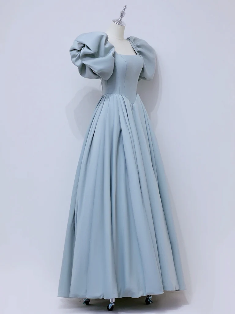 A-Line Puff sleeves Long Blue Prom Dress, Square Neckline Blue Long Formal Dress - Deanwangkt