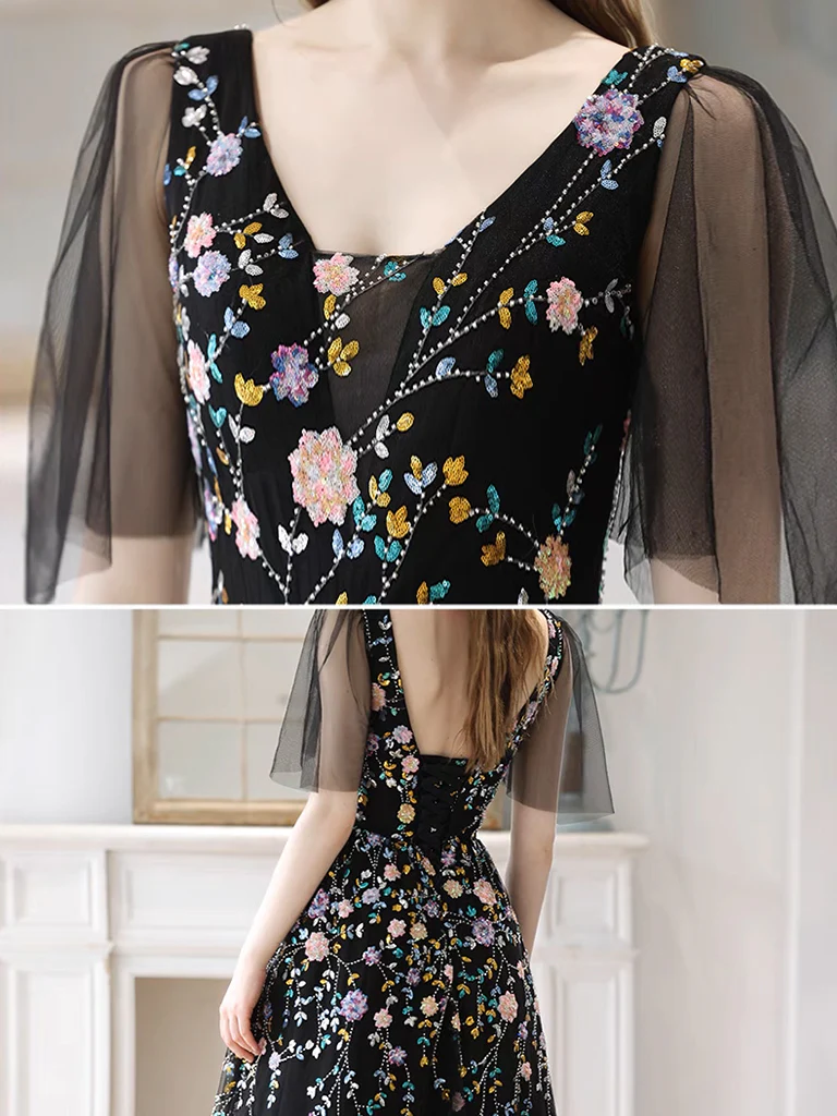 A-Line V Neck  Tulle Lace Black Long Prom Dress, Black Long Evening Dress - Deanwangkt