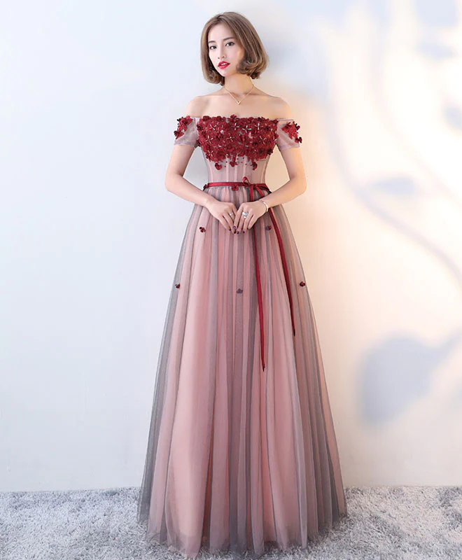 Burgundy Tulle Lace Long Prom Dress, Burgundy Evening Dress - Deanwangkt
