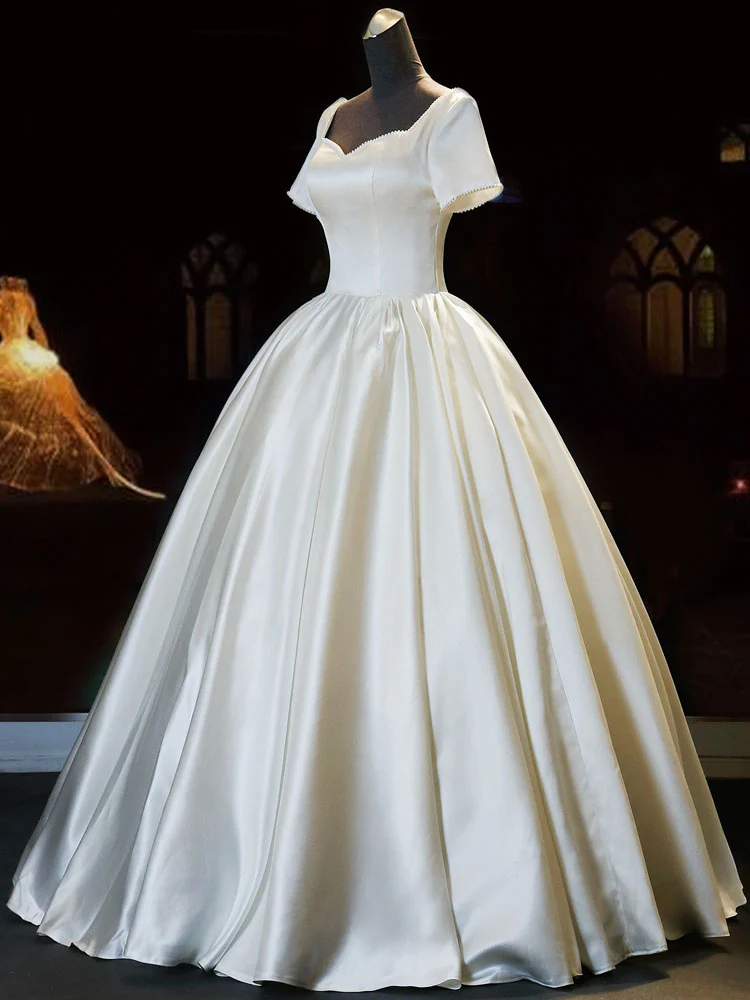 White Sweetheart Satin Long Bridal Dress White Wedding Dress - Deanwangkt