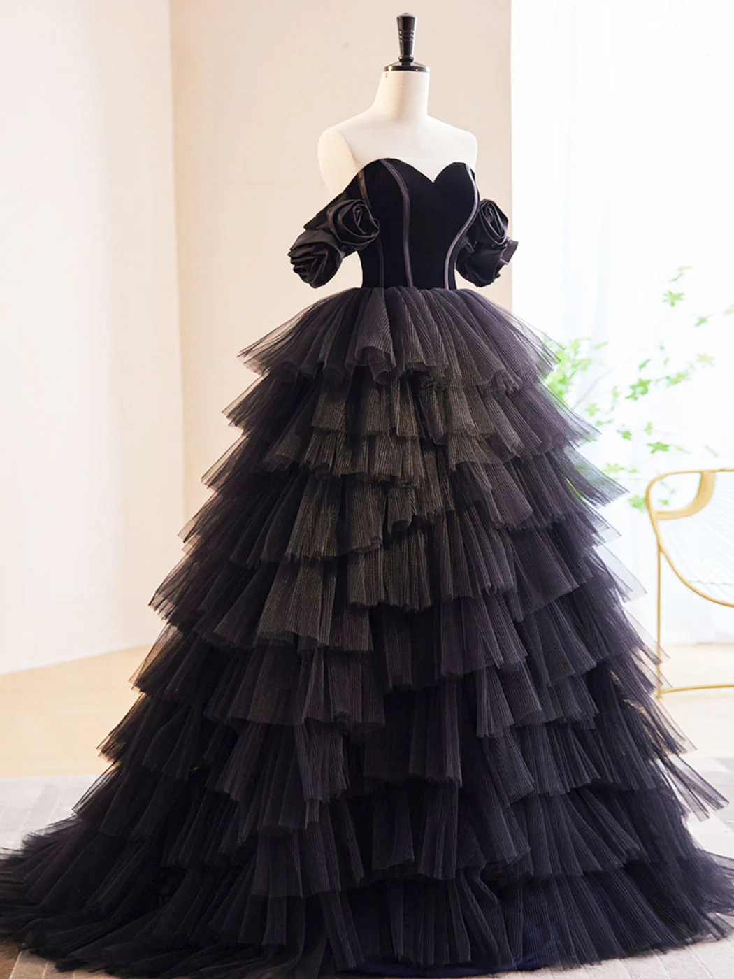 Black Off Shoulder Tulle Long Prom Dress, Black Formal Evening Dress - Deanwangkt
