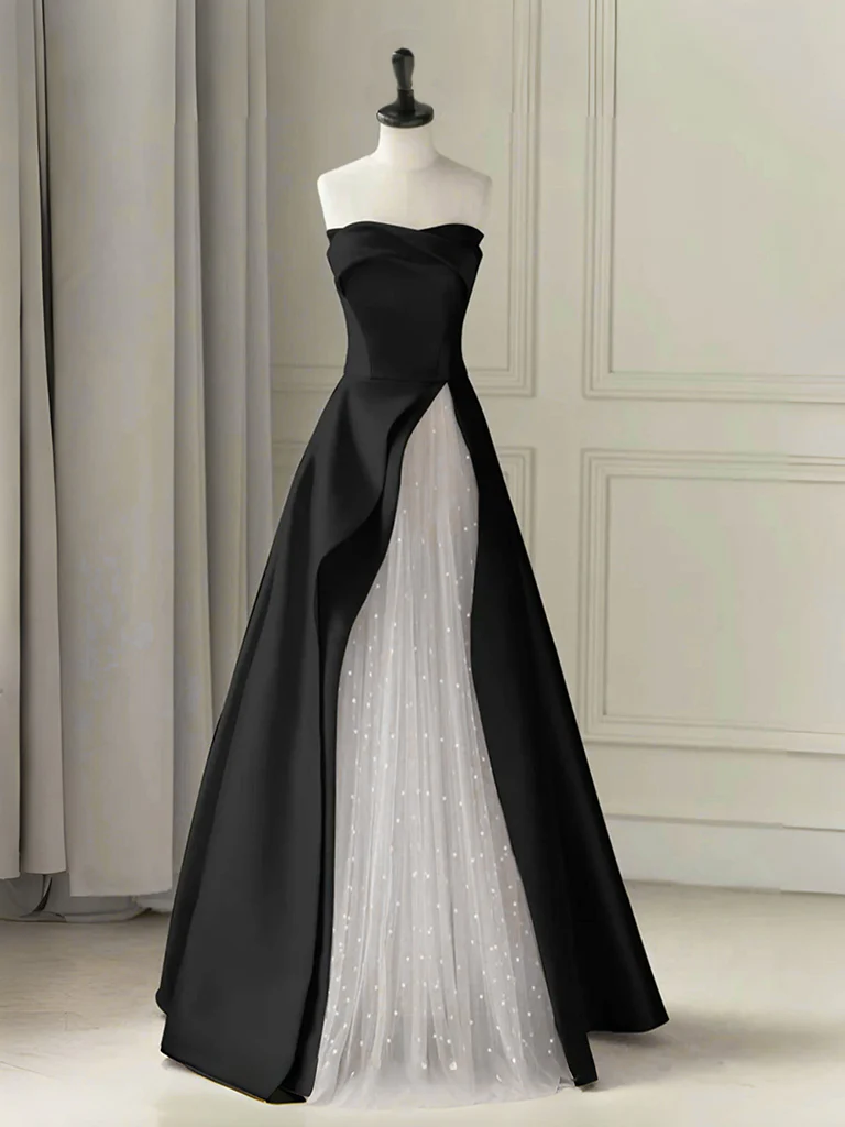 A-Line Tulle Satin Black/White Long Prom Dress. Black Long Formal Dress - Deanwangkt