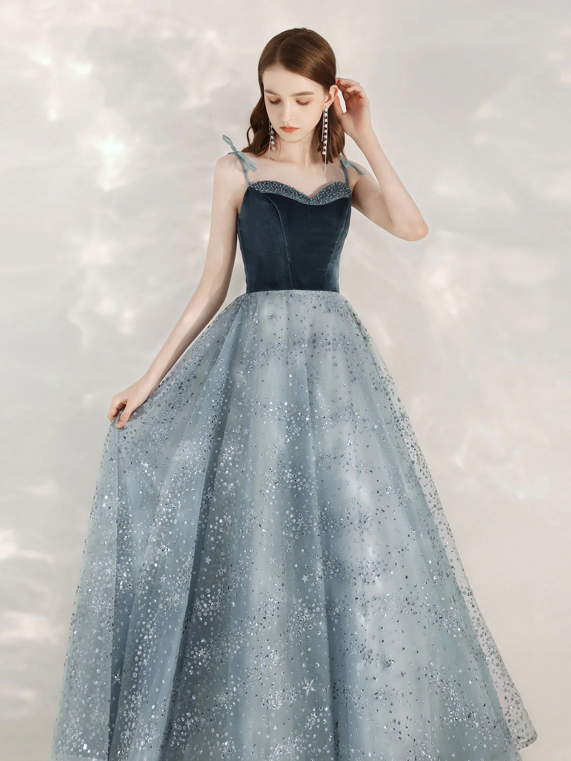 A-Line Sequin Tulle Blue Long Prom Dresses, Tulle Formal Dress with Velvet - Deanwangkt