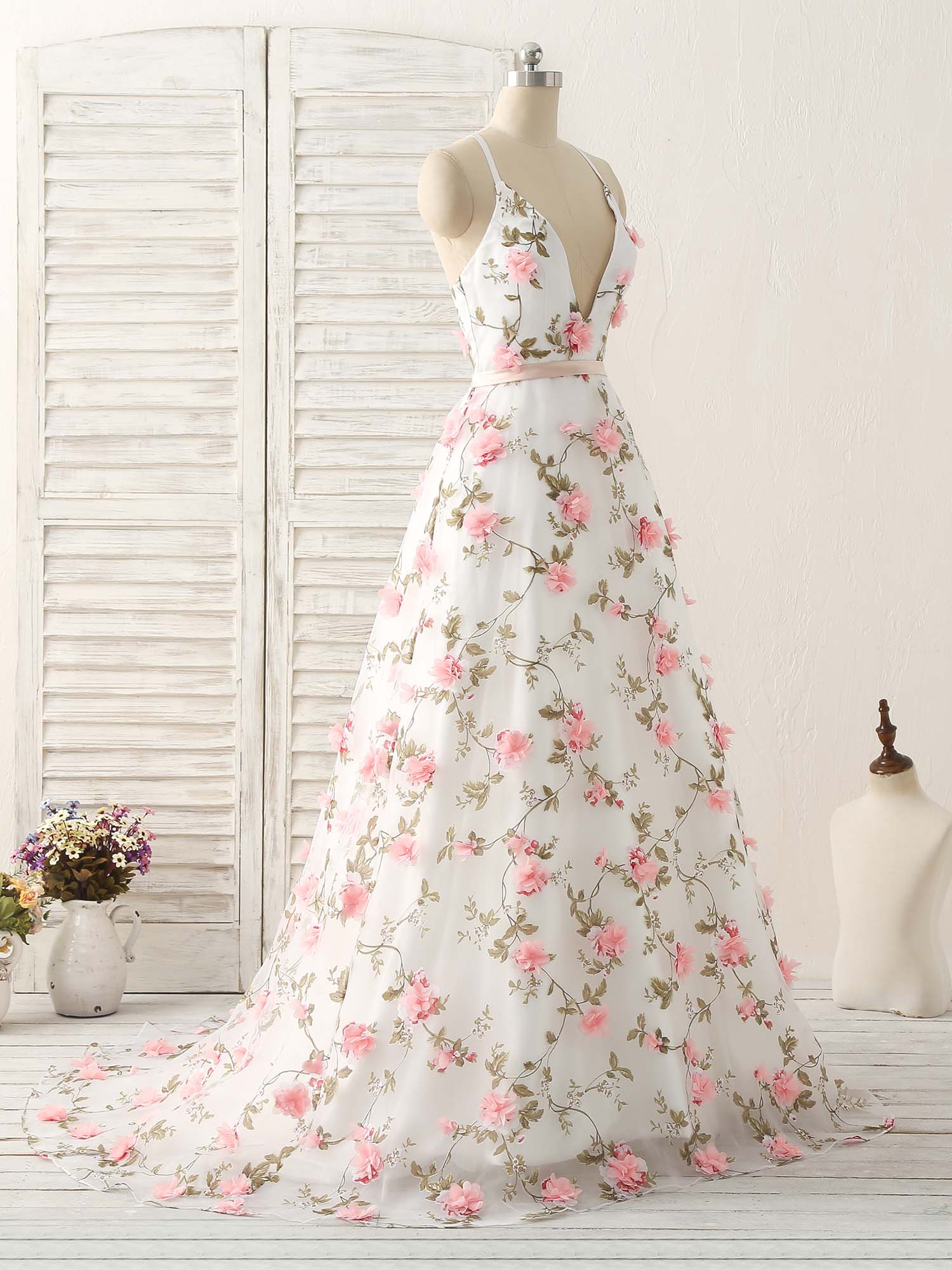 White V Neck 3D Applique Tulle Long Prom Dress White Evening Dress - Deanwangkt