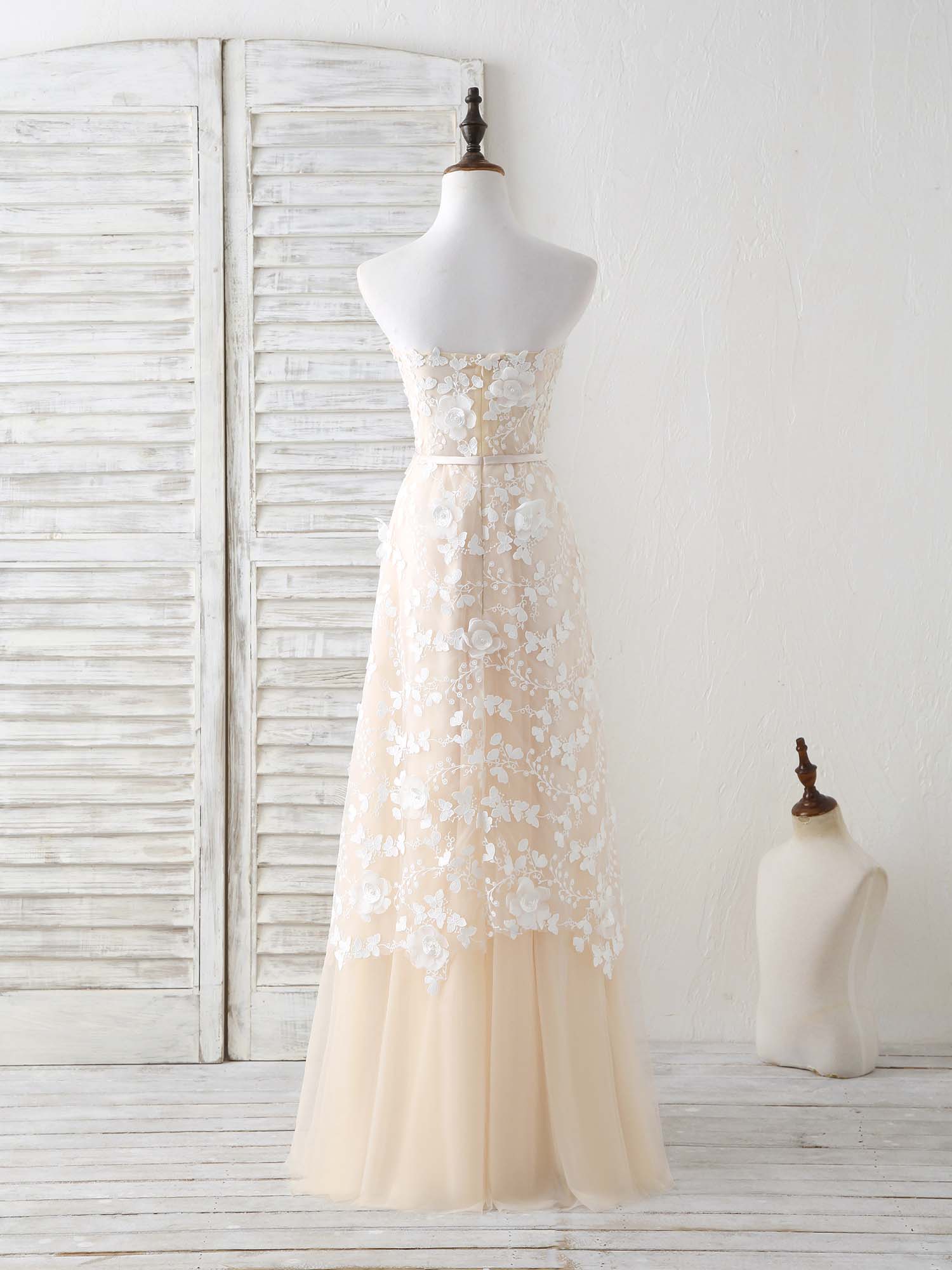Champagne Tulle Lace Applique Long Prom Dress Champagne Evening Dress - Deanwangkt