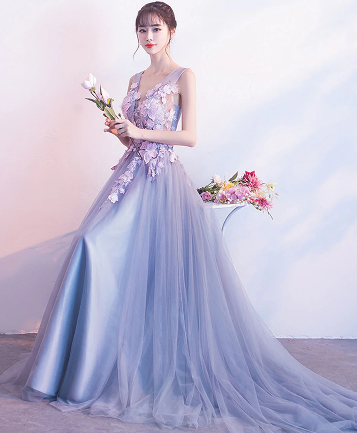 Gray Lace Tulle Long Prom Dress, Gray Evening Dress - Deanwangkt