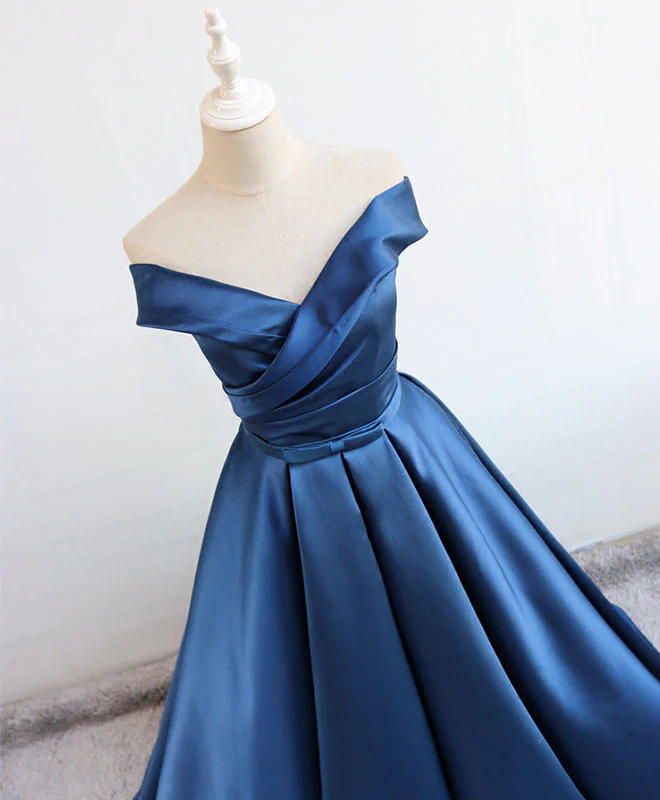 Simple Blue Satin Long Prom Dress, Blue Formal Bridesmaid Dresses - Deanwangkt