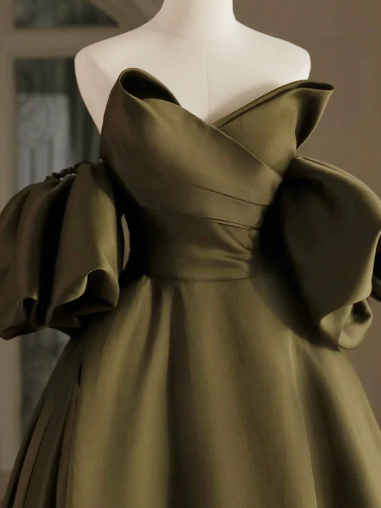 A-Line Puff Sleeves Olive Green Satin Short Prom Dress, Olive Green Homecoming Dress - Deanwangkt