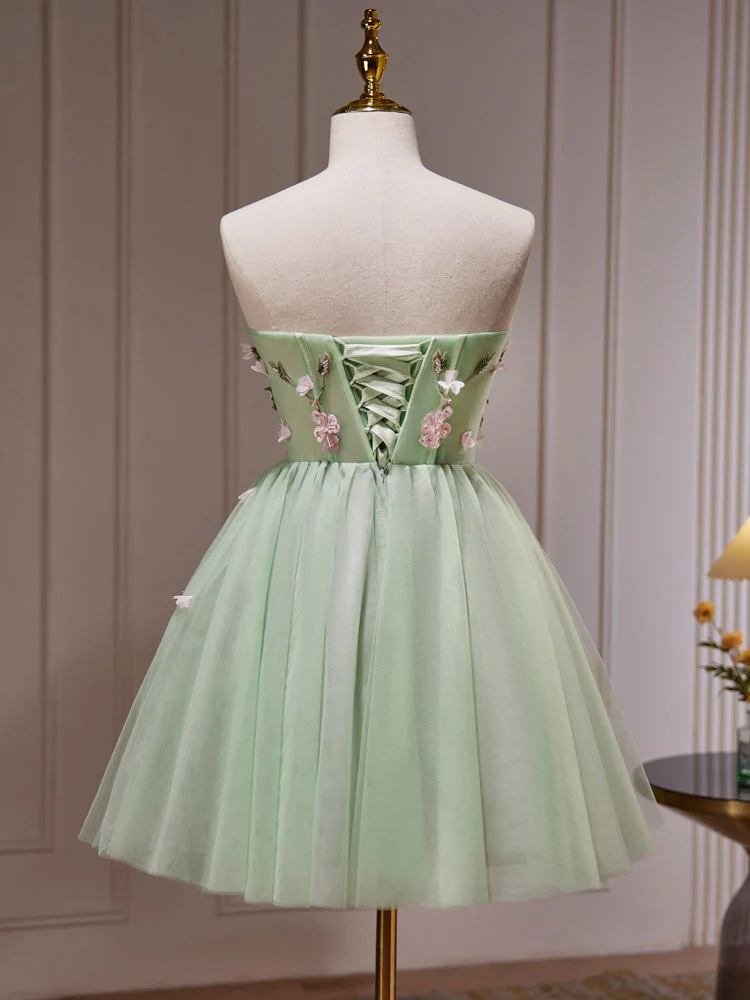 A- Line Sweetheart Neck Tulle Green Short Prom Dress, Green Homecoming Dresses - Deanwangkt