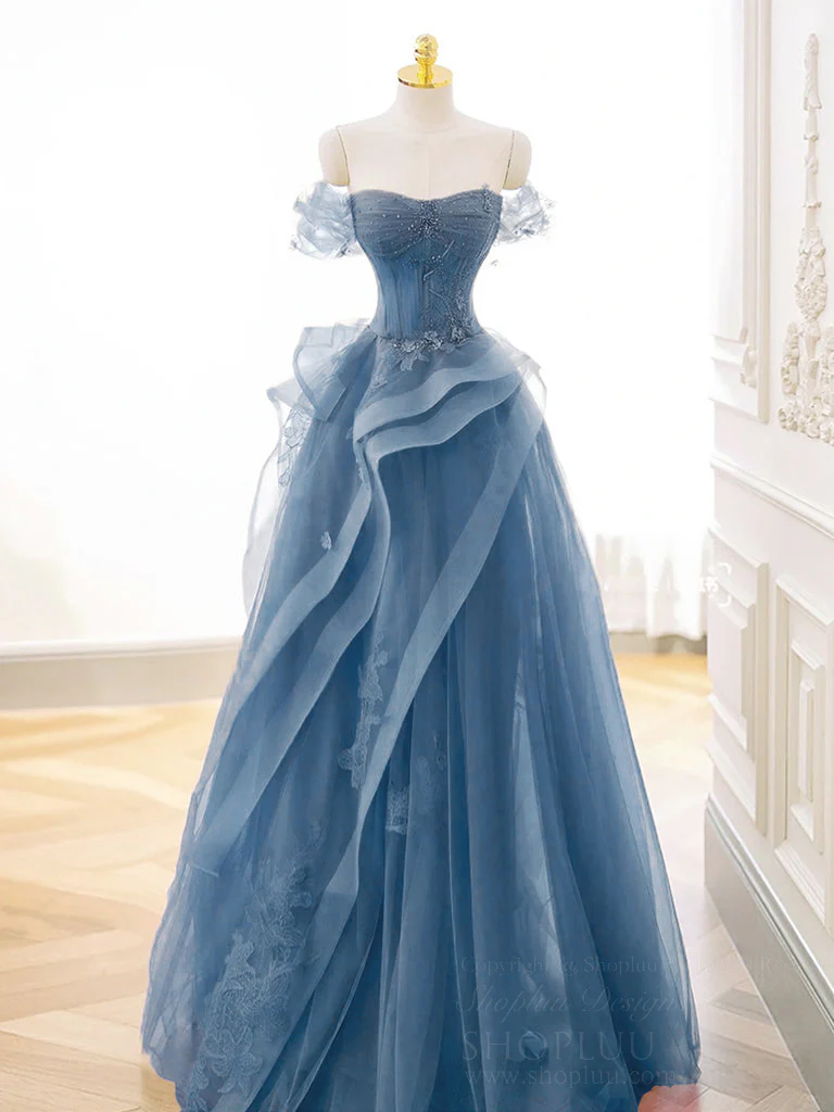 A-Line Off Shoulder Tulle Lace Gray Blue Long Prom Dress, Gray Blue Long Formal Dress - Deanwangkt