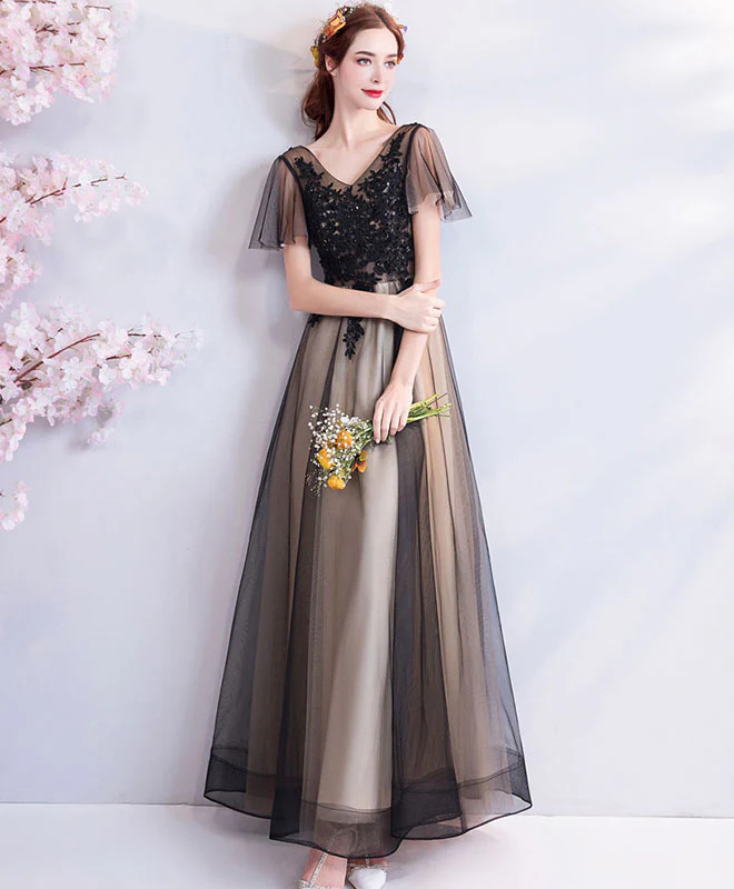 Black Tulle Long Prom Dress, Black Tulle Evening Dress - Deanwangkt