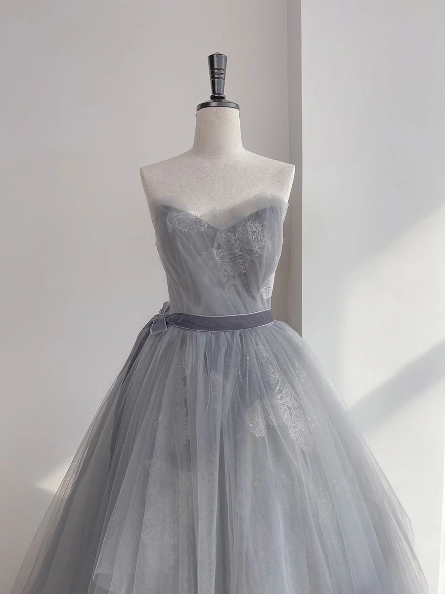 Gray Tulle Lace Long Prom Dress, Gray Ball Gown Formal Dresses - Deanwangkt