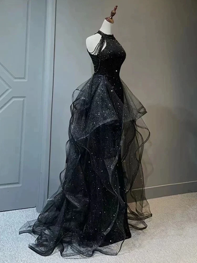 A-Line Tulle Sequin Black Long Prom Dress, Black Long Formal Dress - Deanwangkt