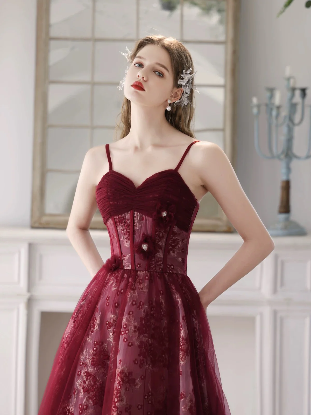 A-Line Tulle Lace Burgundy Long Prom Dress, Burgundy Long Formal Dress - Deanwangkt