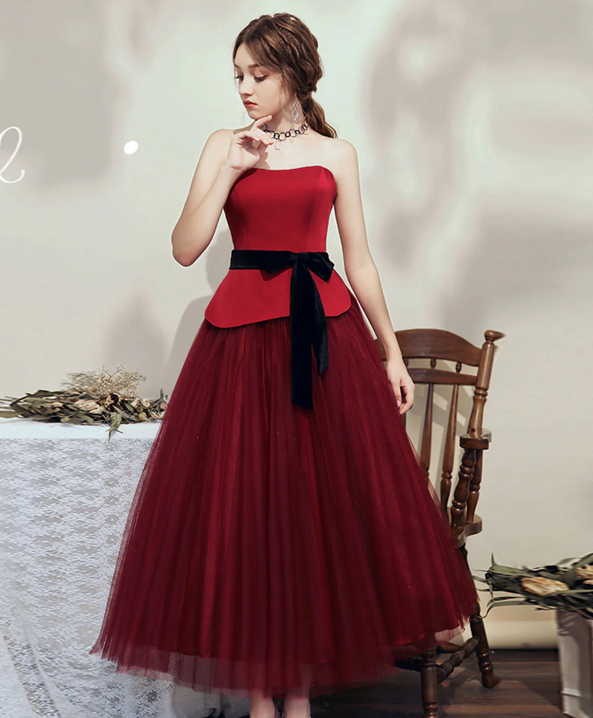 Simple Burgundy Tulle Tea Length Short Prom Dress Bridesmaid Dress - Deanwangkt