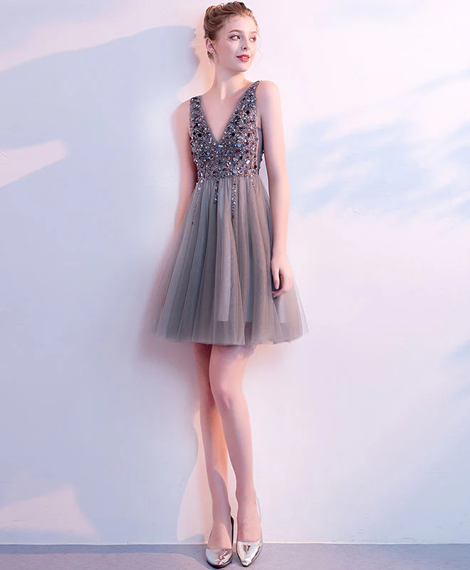 Gray V Neck Tulle Beads Short Prom Dress, Gray Homecoming Dress - Deanwangkt