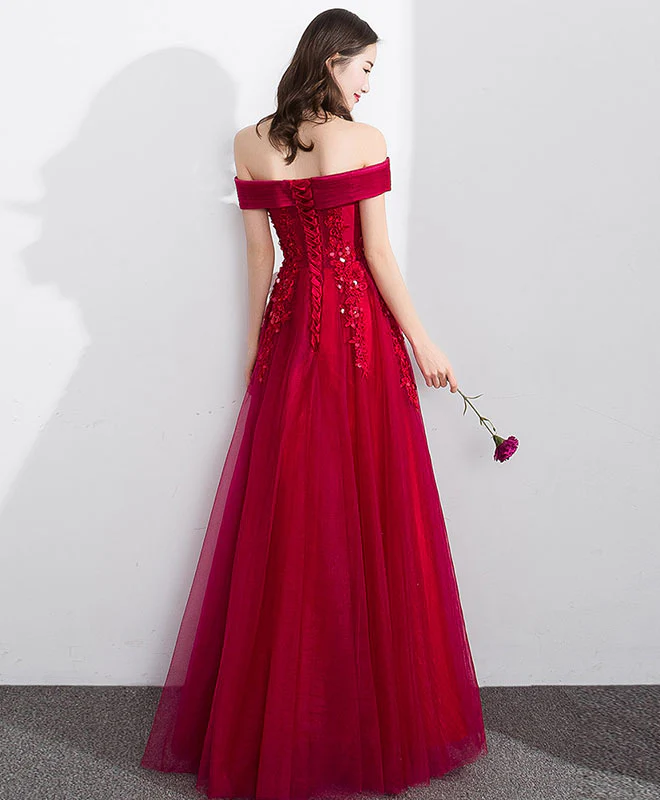 Burgundy Off Shoulder Tulle Lace Long Prom Dress, Evening Dress - Deanwangkt