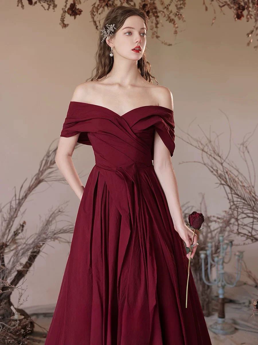 A-Line Off Shoulder Satin Burgundy Long Prom Dress, Burgundy Long Formal Dress - Deanwangkt