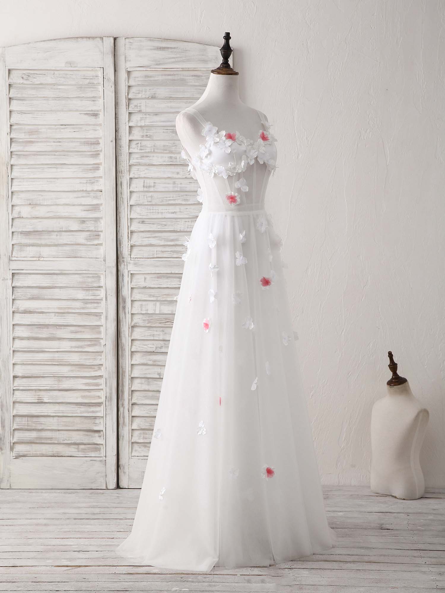 Unique White Sweetheart Tulle Long Prom Dress White Evening Dress - Deanwangkt