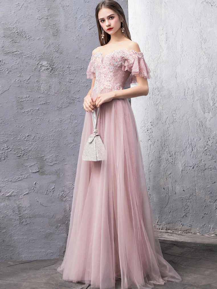 Pink Tulle Lace Off Shoulder Long Prom Dress, Pink Evening Dress - Deanwangkt