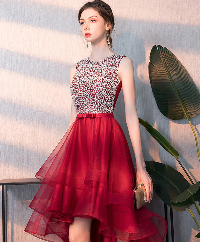 Burgundy Tulle Round Neck Sequin Short Prom Dress, Burgundy Homecoming Dress - Deanwangkt