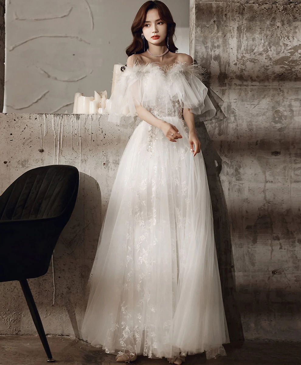 White Sweetheart Tulle Long Prom Dress, White Lace Long Graduation Dress - Deanwangkt