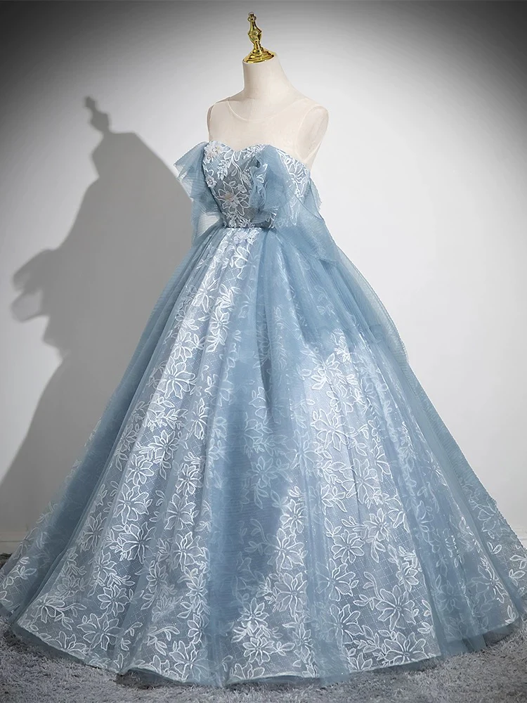 A-Line Sweetheart Neck Tulle Lace Gray Blue Long Prom Dress, Gray Blue Evening Dress - Deanwangkt