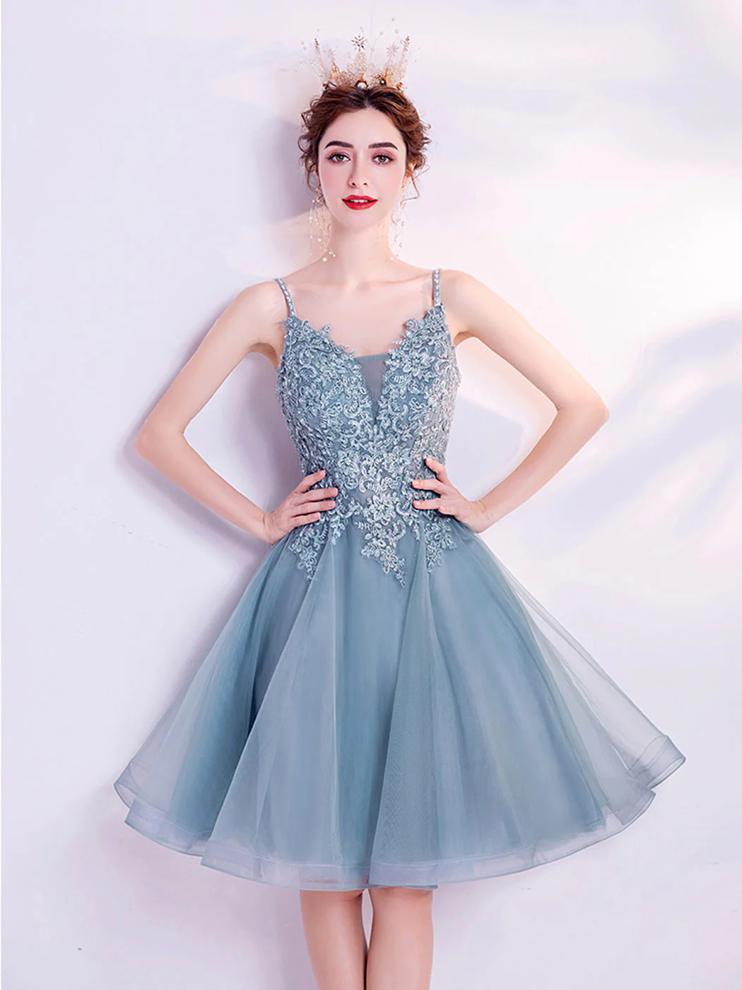 Gray V Neck Tulle Lace Blue Short Prom Dress Puffy Blue Homecoming Dress - Deanwangkt