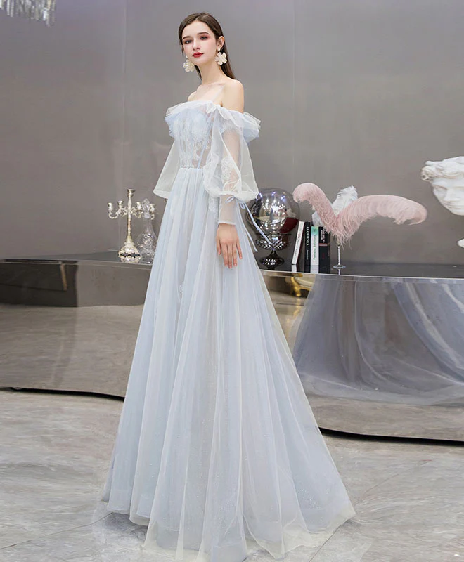 Blue Tulle Lace Long Prom Dress Blue Lace Evening Dress - Deanwangkt