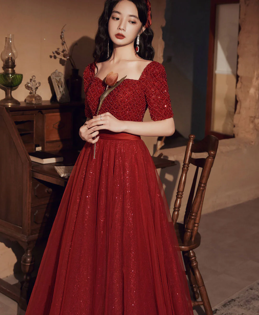 Burgundy Aline Beading Long Prom Dress, Burgundy Tulle Formal Dress - Deanwangkt