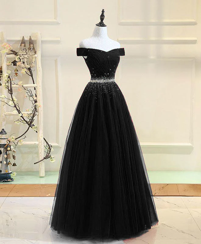 Black Tulle Sequin Long Prom Dress, Black Tulle Evening Dress - Deanwangkt