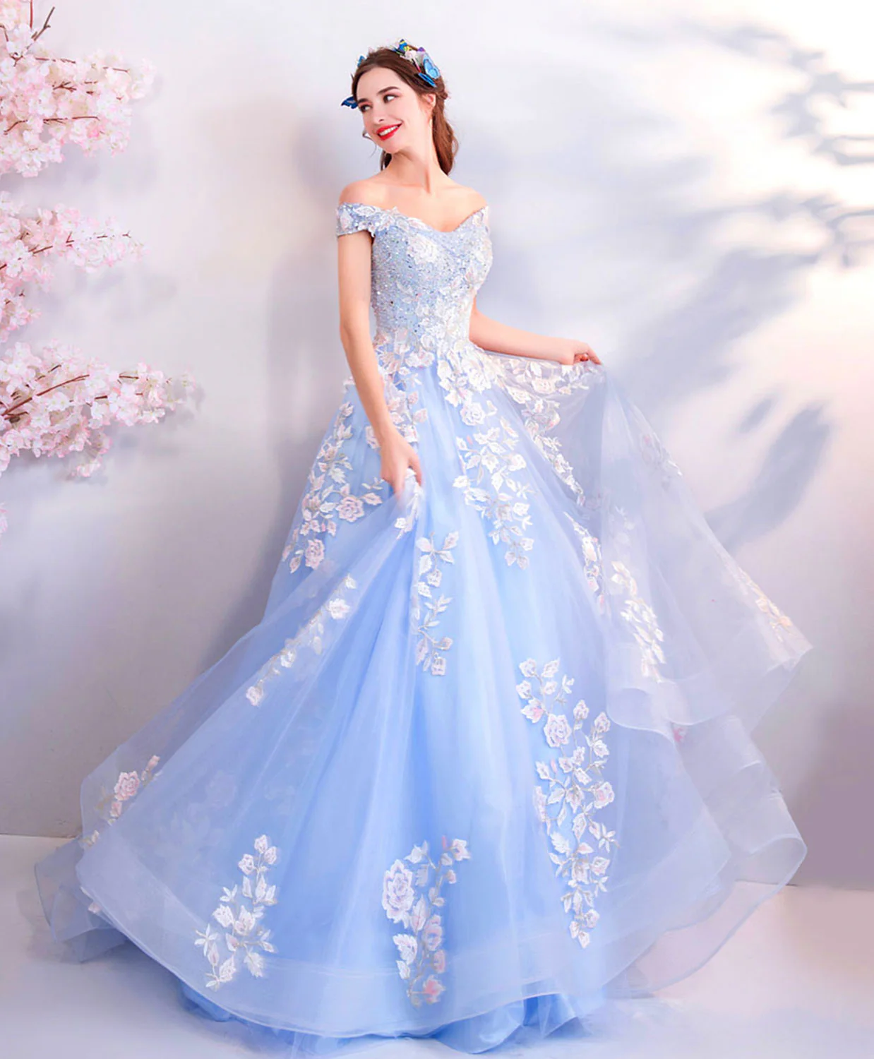 Blue Off Shoulder Tulle Lace Applique Long Prom Dress, Blue Evening Dress - Deanwangkt