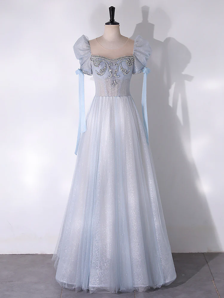 A-Line Scoop Neckline Tulle Light Blue Long Prom Dress with Beads - Deanwangkt