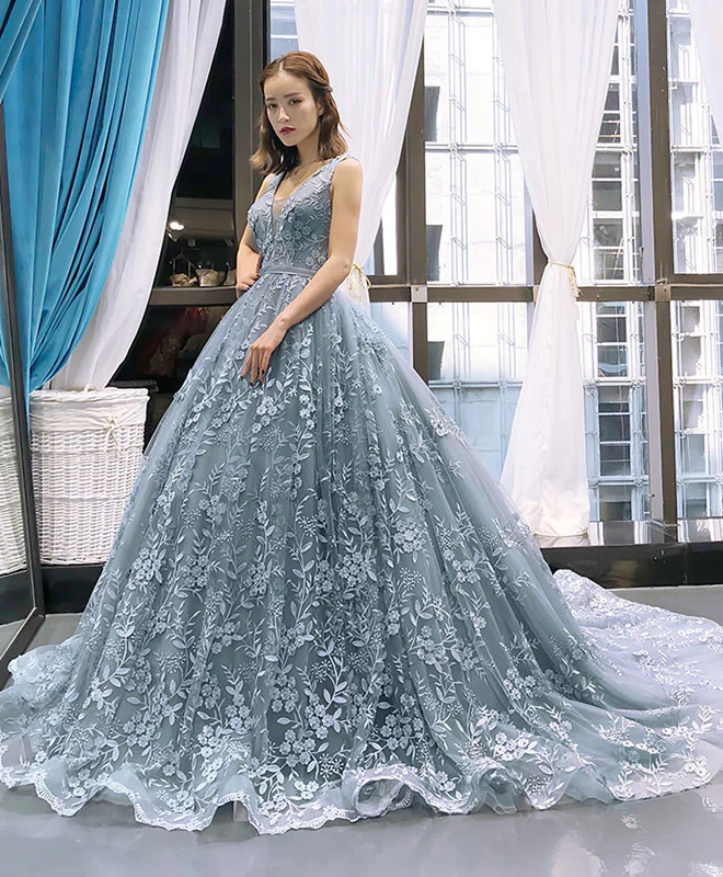 Gray Blue Tulle Lace Long Prom Dress Gray Blue Lace Evening Dress - Deanwangkt