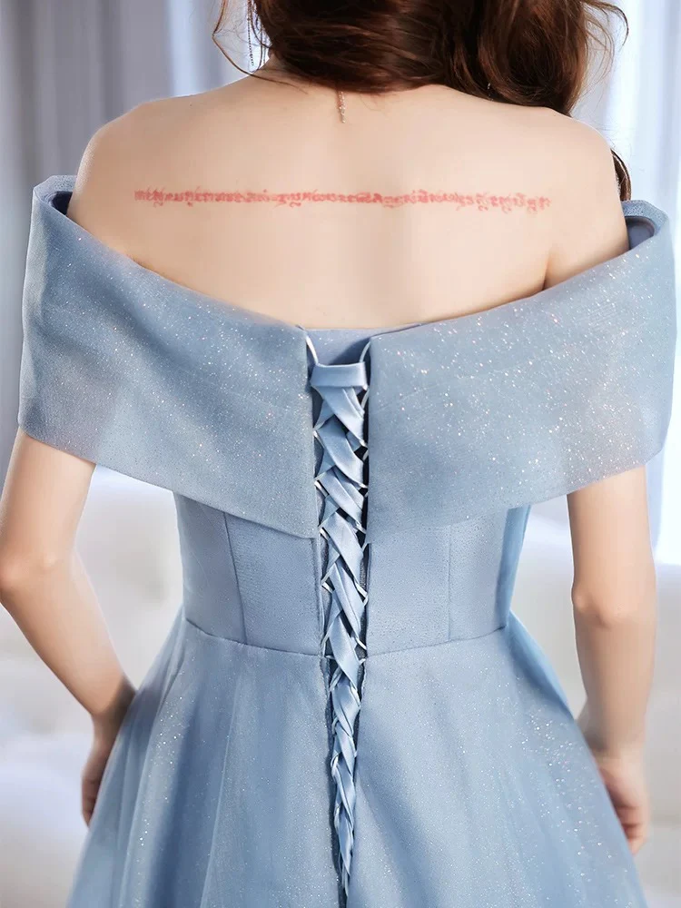 A-Line Off Shoulder Tulle Gray Blue Long Prom Dress, Gray Blue Long Formal Dress - Deanwangkt