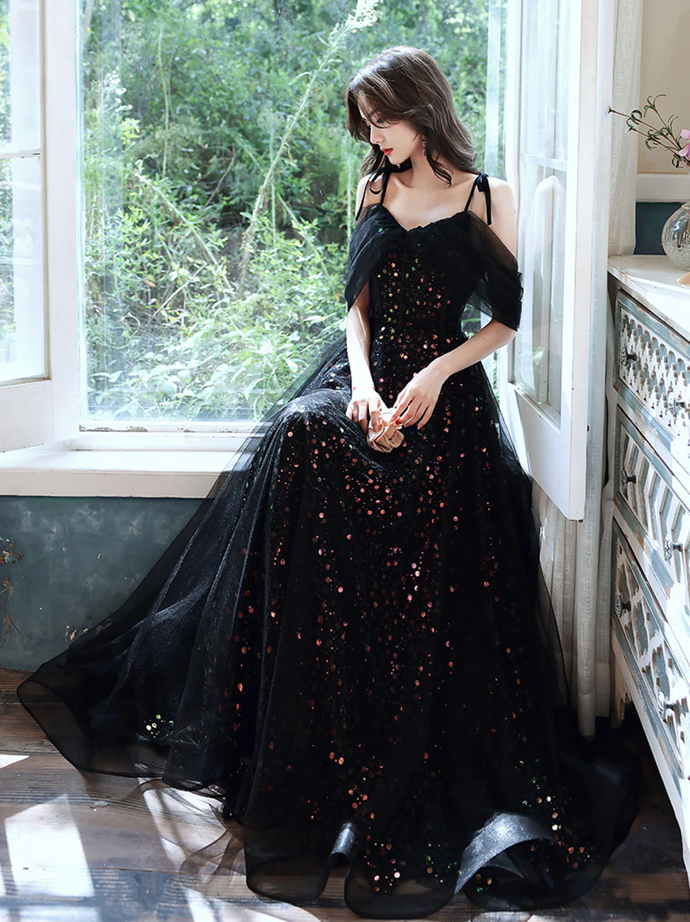 Black A-Line Long Prom Dresses, Black Formal Graduation Party Dress - Deanwangkt