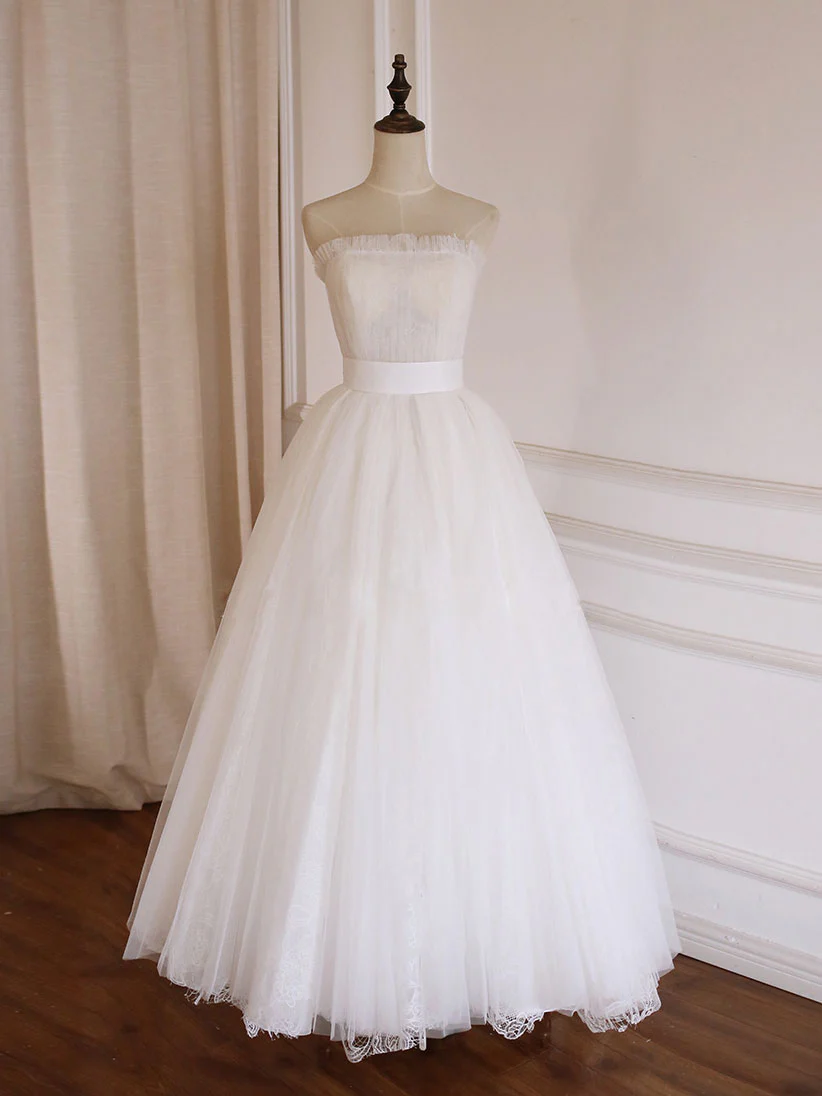 Simple  Lace Tea Length White Prom Dress, Tulle Lace Bridesmaid Dress - Deanwangkt