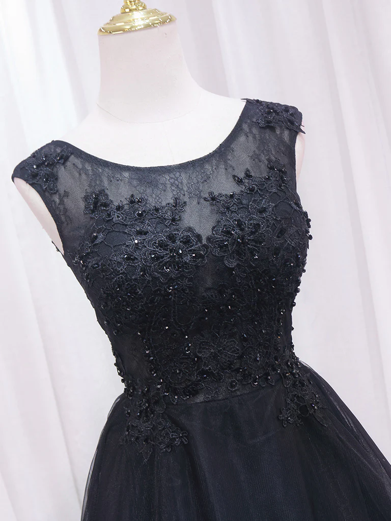 A-Line Lace Tulle Black Short Prom Dress, High Low Black Homecoming Dress - Deanwangkt