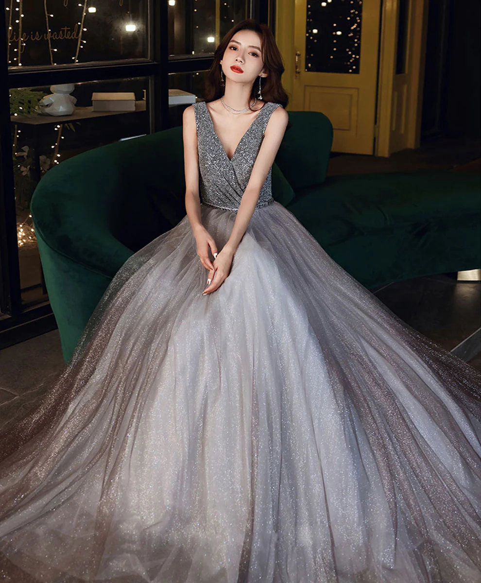 Shiny Aline Gray Tulle V Neck Sequin Long Prom Dress, Gray Formal Dress - Deanwangkt