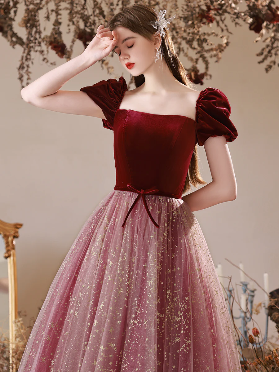 A-Line Burgundy Tulle Long Prom Dress, Burgundy Evening Dress with Velvet - Deanwangkt