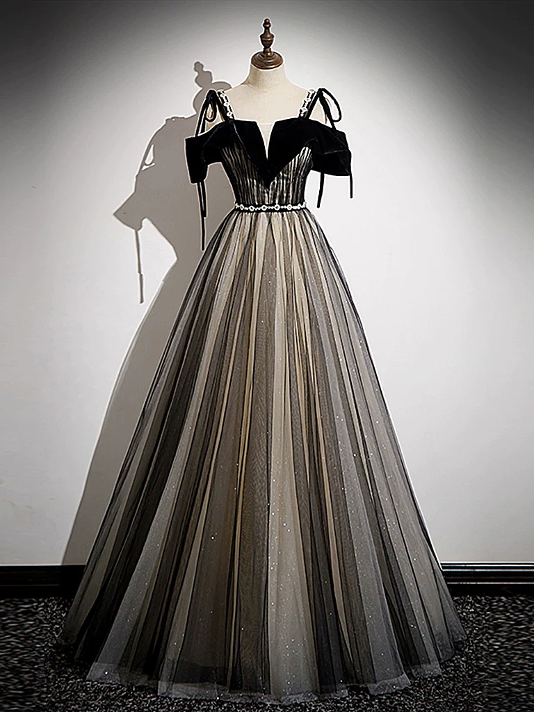 A-Line Tulle Black Long Prom Dress, Black Long Formal Dress - Deanwangkt
