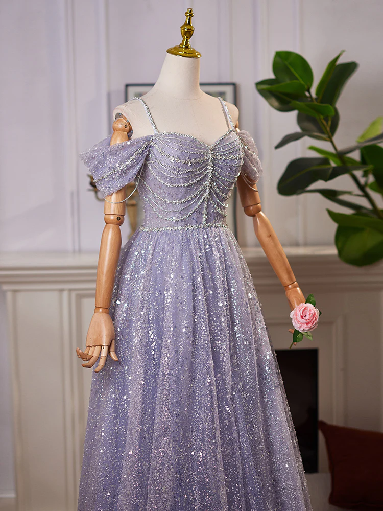 A-Line Off Shoulder Tulle Sequin Blue Long Prom Dress, Tulle Sequin Evening Dress - Deanwangkt