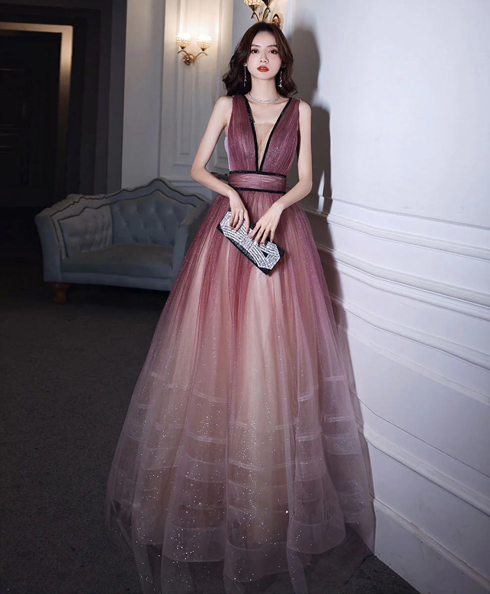 Burgundy V Neck Gradient Shiny Long Prom Dress, Burgundy Evening Dress - Deanwangkt