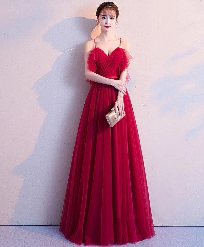Simple Burgundy Tulle Long Prom Dress, Burgundy Evening Dress - Deanwangkt