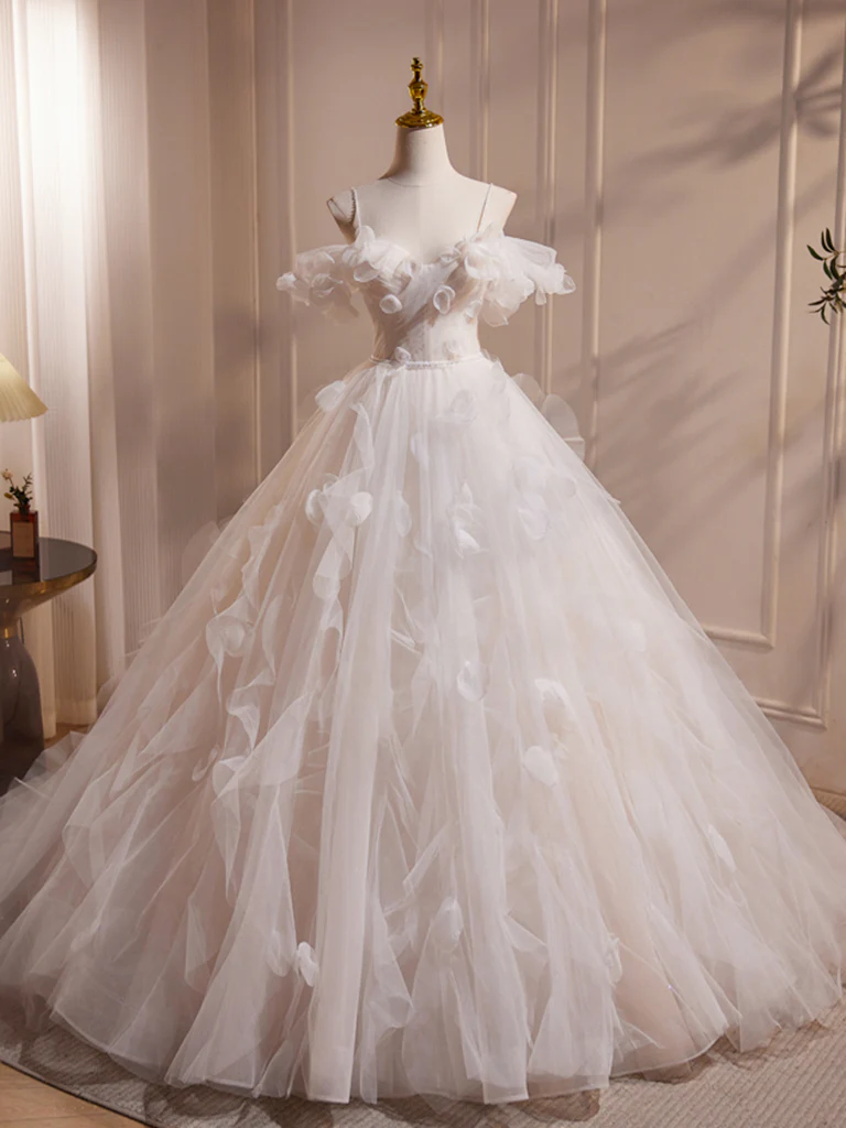 A-Line Off Shoulder White Long Prom Dress, White Long Tulle Sweet 16 Dress - Deanwangkt